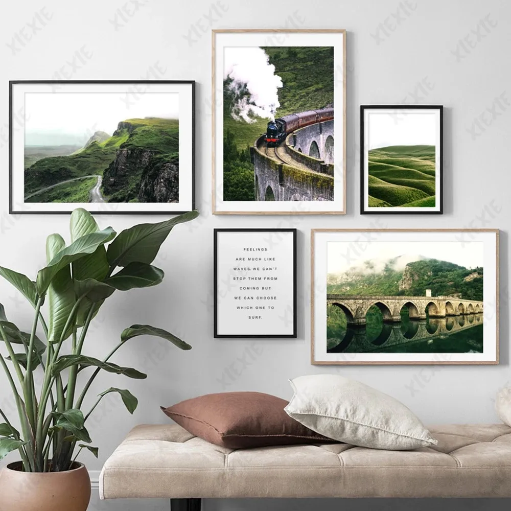 Foresta Verde Tela Pittura Natura Mountain Train Bridge Poster Nordic Art Print E Wallpaper Picture Craft Decoration Home