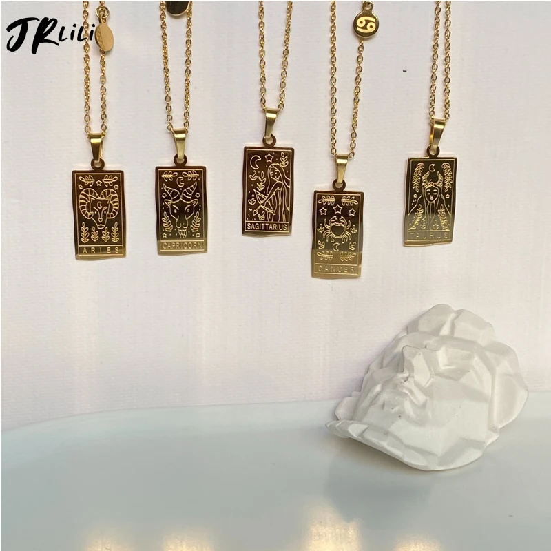 Zodiac Necklace For Women Vintage Gold Stainless Steel Aquarius Pisces Leo Constellation Chain Choker Necklace Goth Jewelry Gift