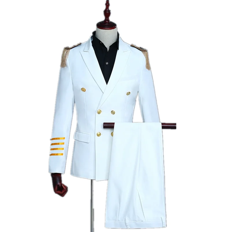 Двухцветный костюм капитана, двубортный мужской костюм, военный комплект с кисточками и погонами, комплект из 2 предметов(костюм+ брюки), банкетный сценический костюм