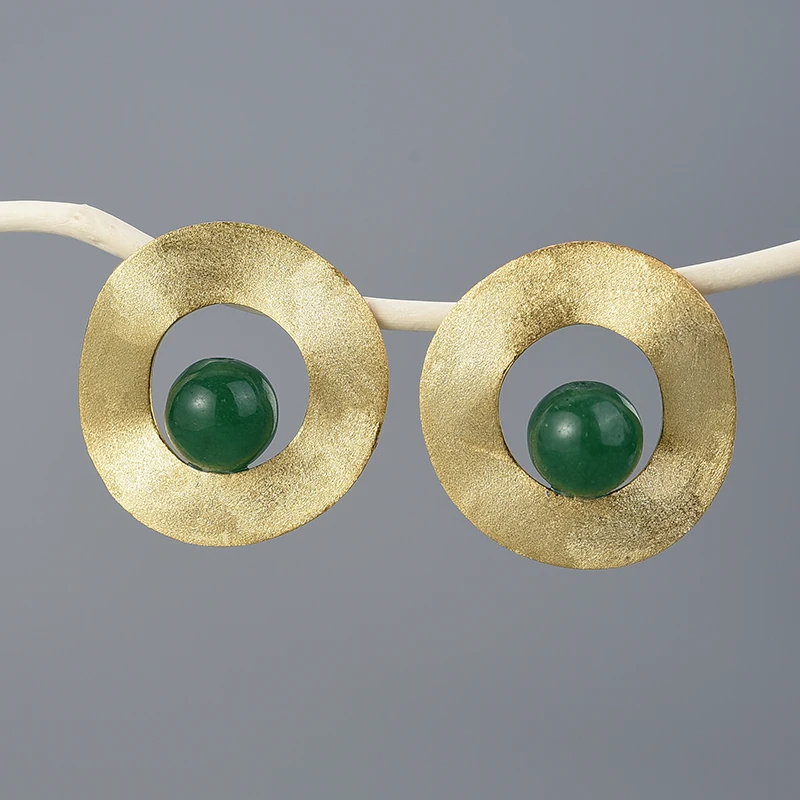 Lotus Fun Natural Gemstone Minimalist Style Uneven Round Stud Earrings Real 925 Sterling Silver 18K Gold Handmade Fine Jewelry