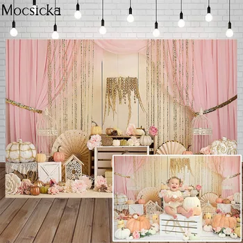 

Mocsicka Birthday Photography Background Pink Curtain Pumpkin Backdrop Newborn Child Portrait Photo Decorative Props For Studio