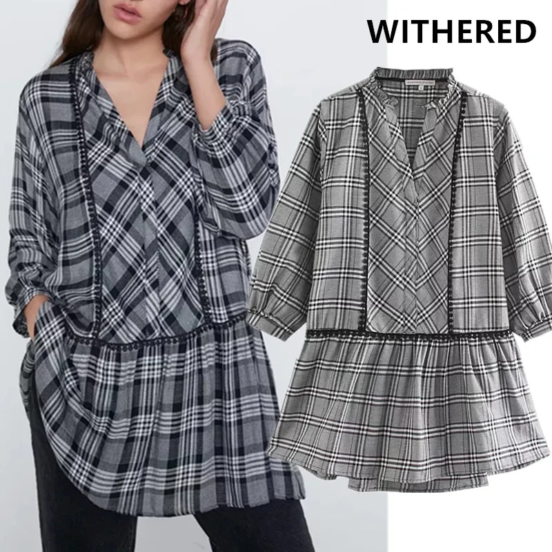 

Withered england simple vintage plaid lace patchowkr loose mini party dress women vestidos de fiesta de noche vestidos blazer