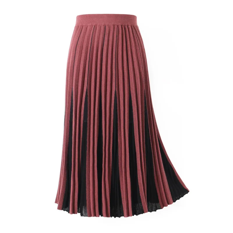 INNASOFAN Knitted Skirt Women Autumn Winter Pleated Long Skirt High Waist Fashion High-end Chic Solid Color Skirt