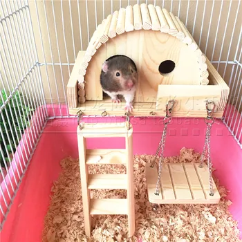 

4pcs/set Small Animal Cage with Platform Swing Stairs Hammok Hamster Hedgehog Guinea Pig Squirrel Chinchilla House Wooden Toys