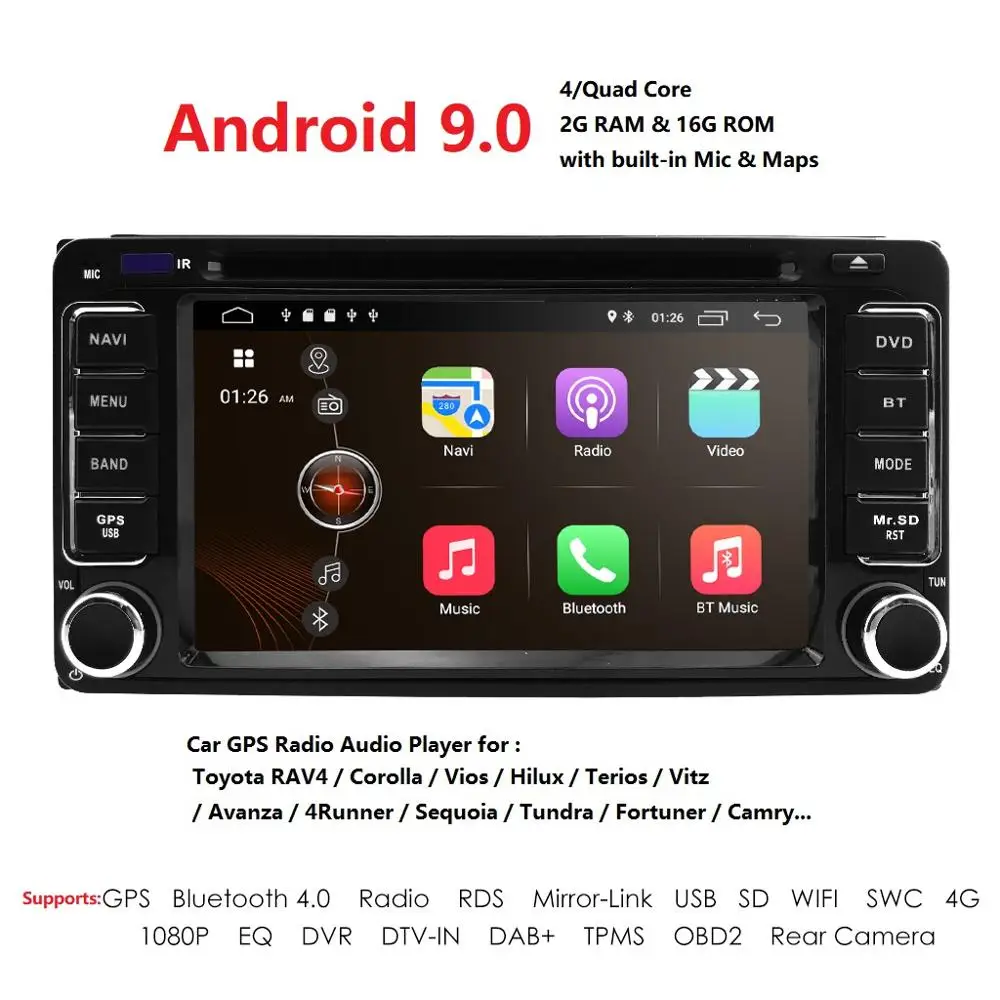 Top 6.2"800*480 QuadCore Android 9.0 Car DVD Player for Toyota Prado 120 Land Cruiser 2004-2009 Car Radio Stereo Bluetooth DVR 2GRAM 1