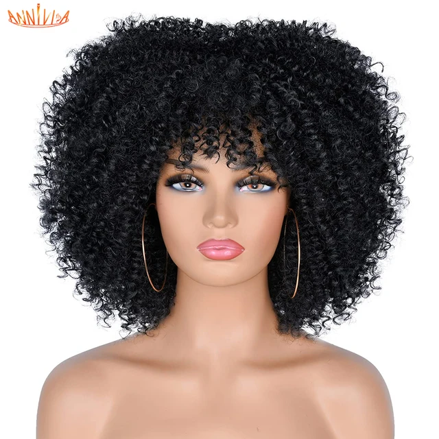 Short Hair Afro Kinky Curly Wigs With Bangs African Synthetic Ombre Glueless Cosplay Wigs For Black Women High Temperature #1B