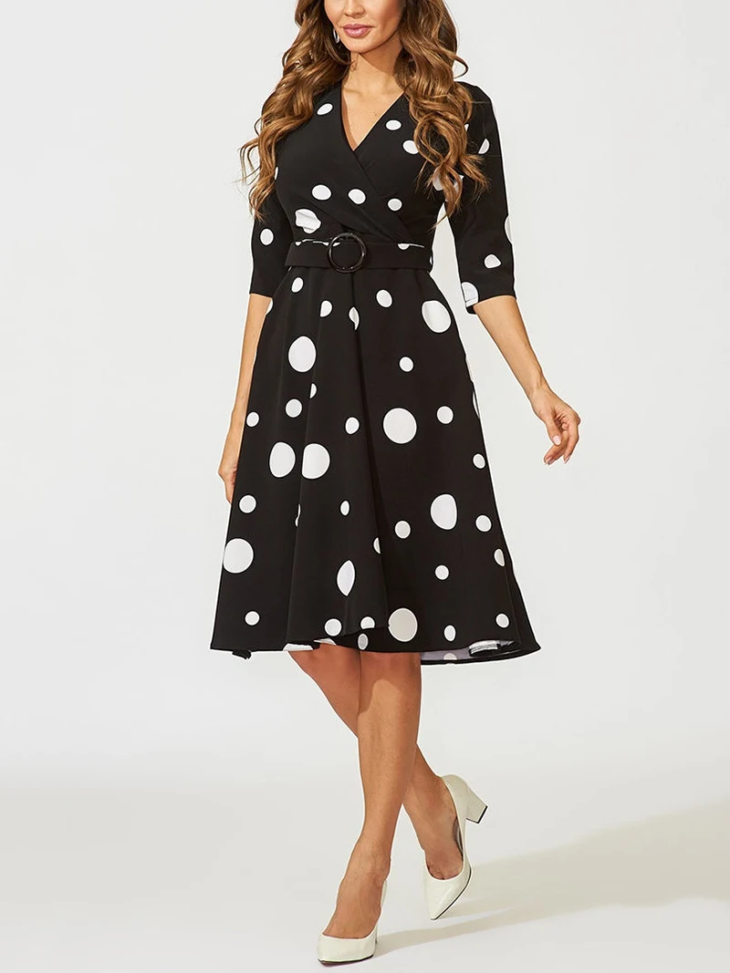 Capucines New Irregular Dot Printed Belt Women Dress Autumn 3/4 Sleeves V Neck A Line Slim Elegant Vintage Party Dresses