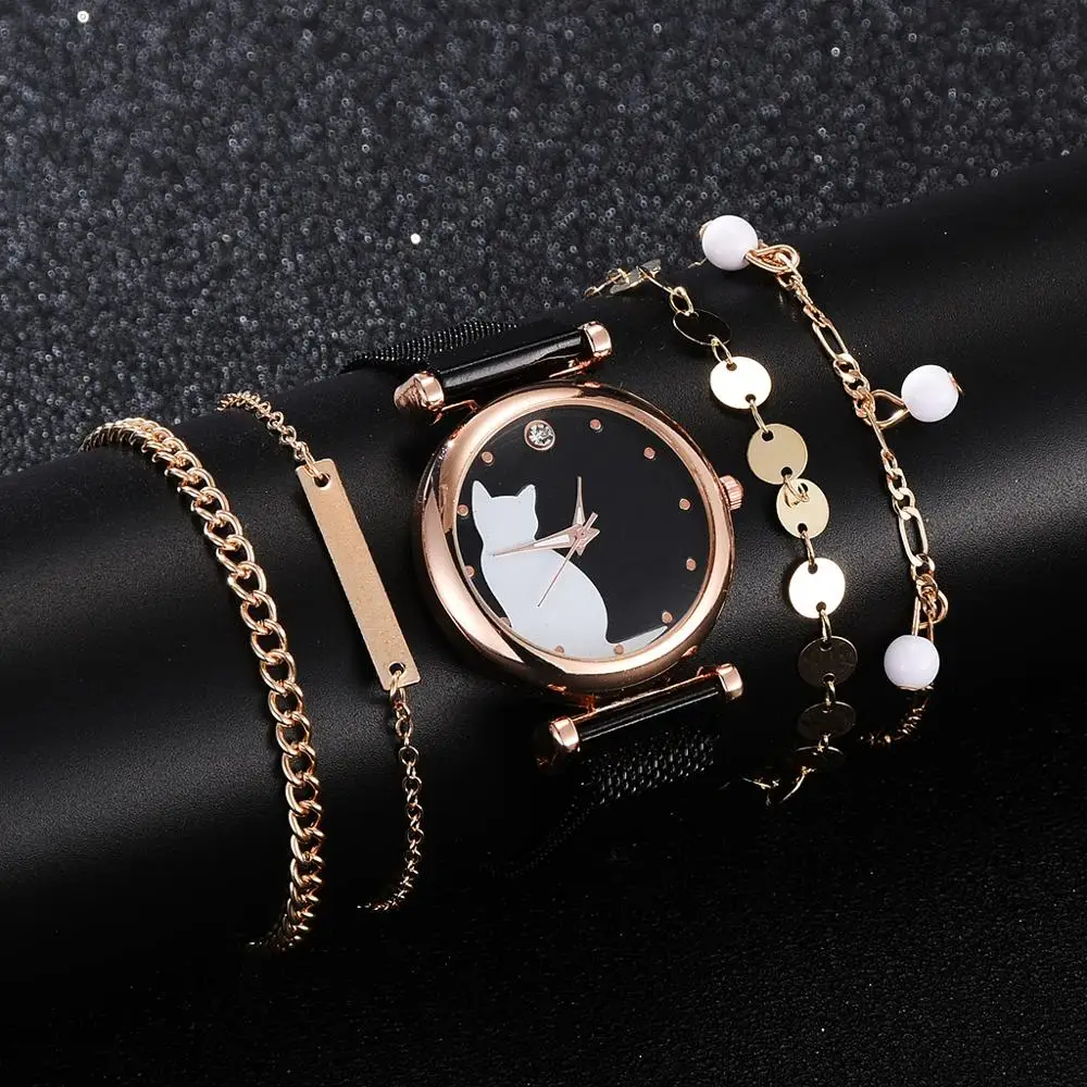 Buen trato Conjunto de relojes de lujo para mujer, pulsera de cuarzo con diseño de gato magnético, 5 uds. VRM8A6GAlNq