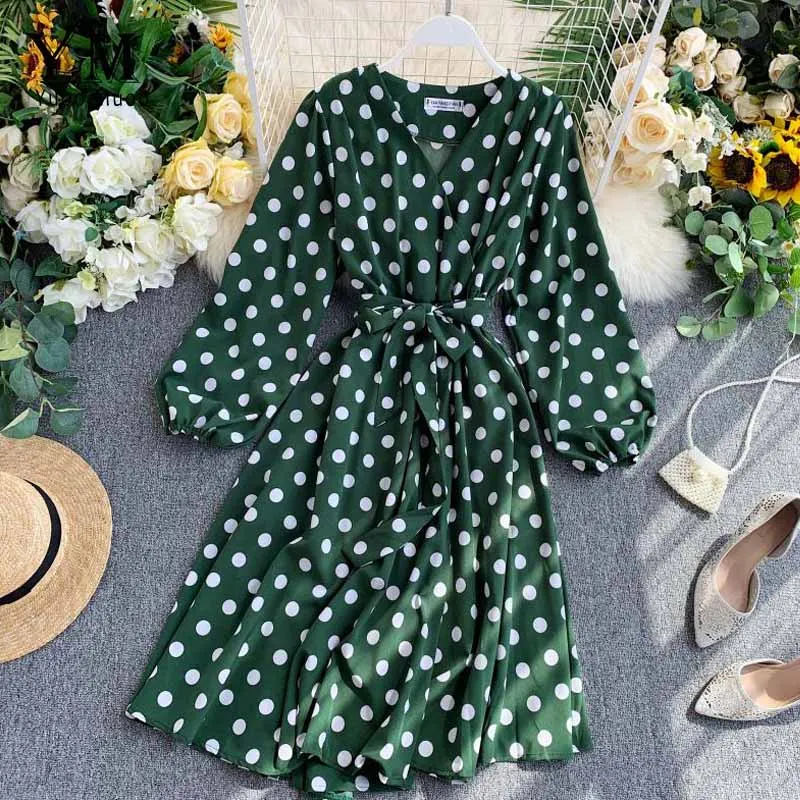 Green YuooMuoo Fall Korean Style Women Polka Dot Midi Dress Ins Hot Sashes Vintage Elegant Long Sleeve Green Dress Ladies Dresses - Color: Green
