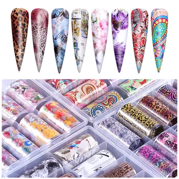 

10pcs / box Laser 3D Nail Foils Gradient Starry Sky Leopard Paper Flower Lace Sticker Manicure Wraps Nails Art Polish Decor