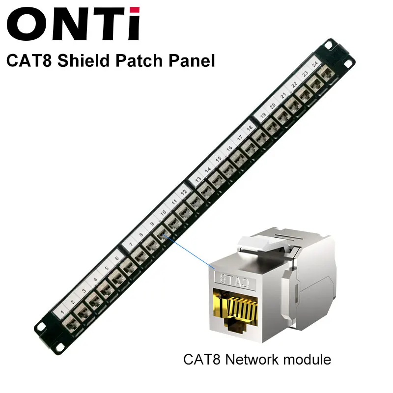 ONTi 24 Port 1U RJ45 Shielded Module Patch Panel 19" Inch Rackmount Wall Mount CAT5E,CAT6,CAT6A,CAT7,CAT8 STP Keystone Jack network wire tester Networking Tools