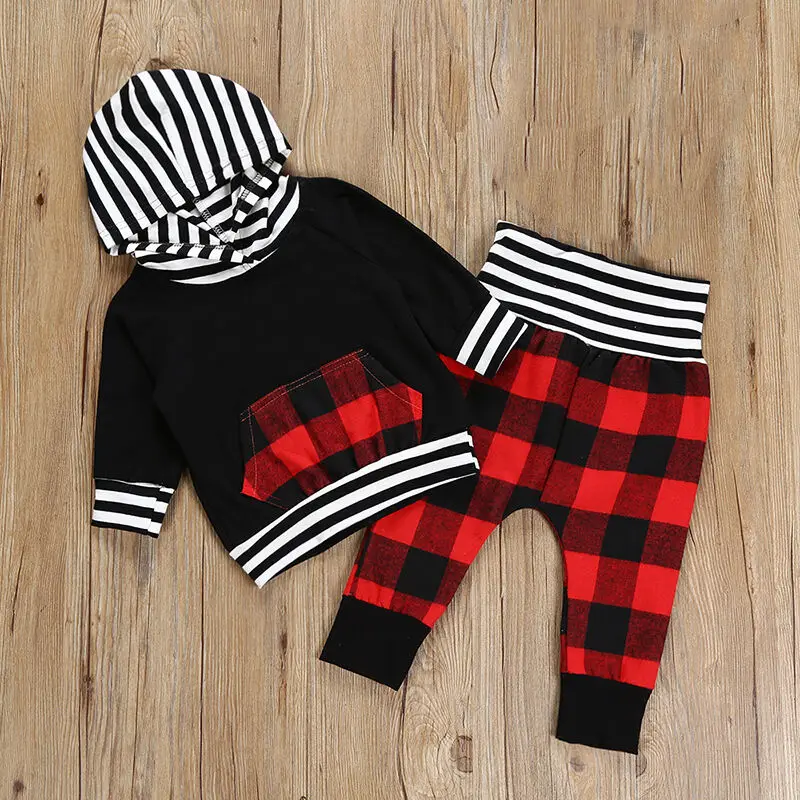  Long sleeve Plaid and Stripe Hoodie Top and Pant 2pcs Tracksuit Set For Baby Boy Clothes