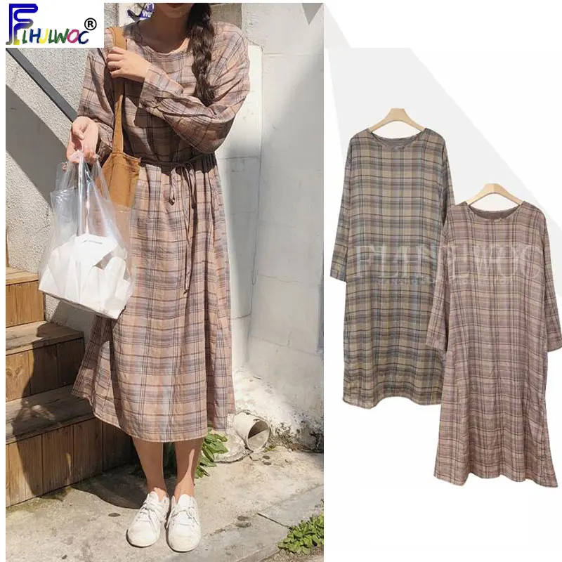 

Fall Spring Basic Dresses Women Cute Sweet Girls Preppy Style Korea Japan Design Clothes Vintage Red Plaid Dress Cotton 9315