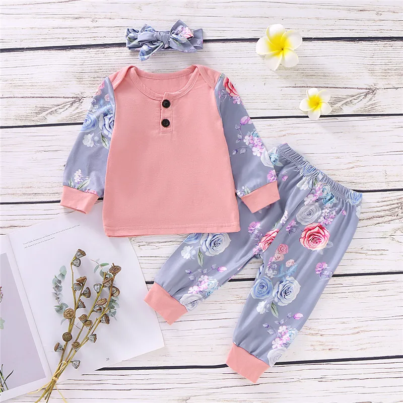 

0-24months 3pcs Baby Girls Clothes Set Button Long Sleeve Baby Girls T-Shirt Pink Gray Floral Pant Girls Hairband Newborn Set