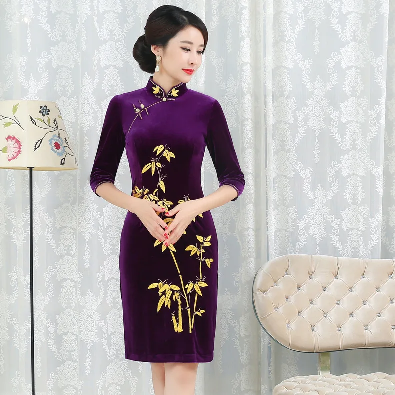 Сексуальное вечернее платье Cheongsam с вышивкой, женское китайское платье на осень, новое бархатное платье с воротником-стойкой, Qipao, платье размера плюс