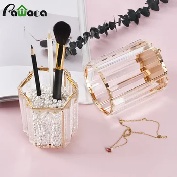 

Makeup Brush Holder Organizer Gold Clear Glass Decorative Pen Pencil Holder Cosmetic Brush Storage Box Desktop Clear Organisers