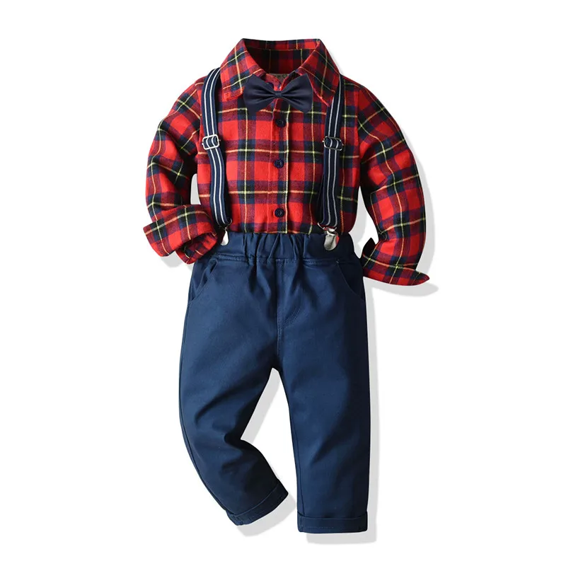 

2-7 Years Boy Clothes Red Plaid Shirt Suits For Toddler Boy Christmas Outfits Long-Sleeves Sets Kids Clothes
