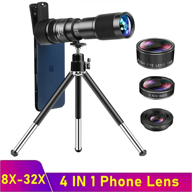 832x Moblie Phone Zoom Lens Monocular Telescope Waterproof 4in1 Hd Fisheye Marco Lenses Wide