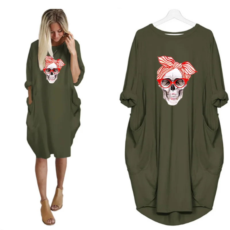 Plus Size 5XL Women's Dress Skull Print Long Sleeve O Collar Pocket Loose Casual Female Dresses Vintage Vestidos Robes Femme 22