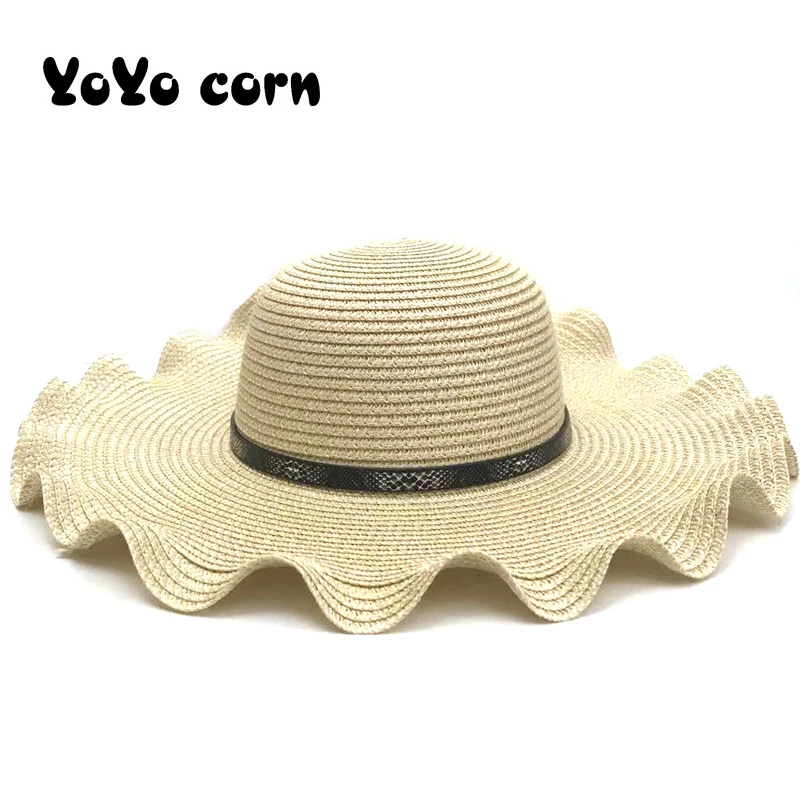 

YOYOCORN 2020New casual shade caps summer woman beach cap Black belt Cute sun hats hand made straw wave wide brim sun hat55-58cm