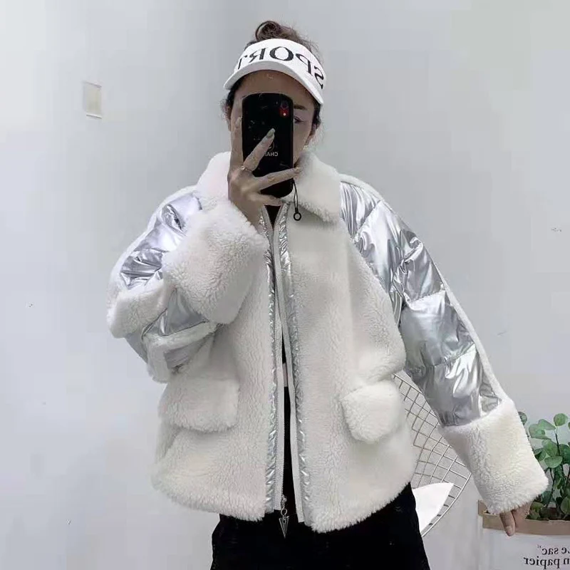  New arrival wool blends coat winter women down jacket synthetic fur parka real price turn-down coll