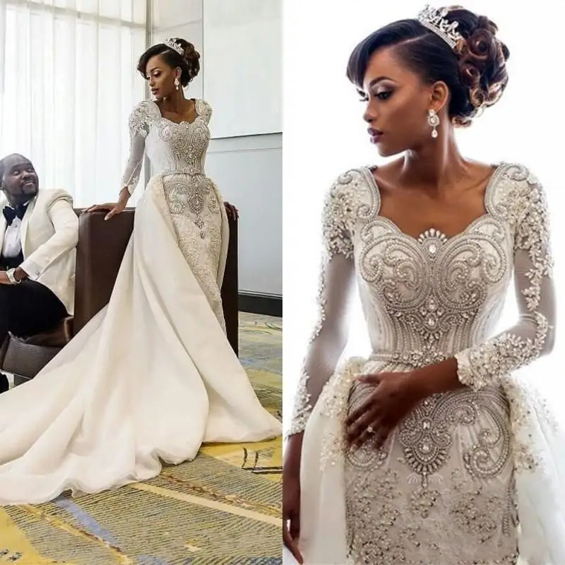 

African Long Sleeves Mermaid Dresses Scoop Lace Applique Beaded Crystals Over Skirts Court Train Wedding Bridal