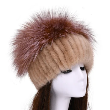 

Natural Knitted Mink Fur Hat Women Hand Made Elastic Knit Real Fur Hat with Luxury Silver Fox Fur Top Winter Headwear