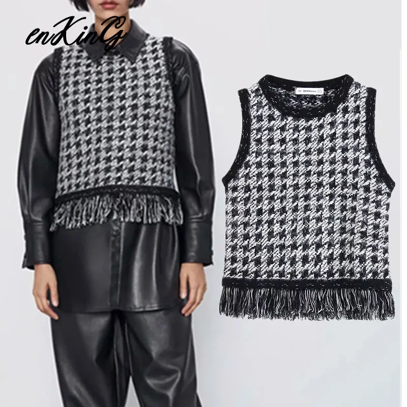 

2019 england vintage plaid tassels sleeveless knitting vest winter za sweaters women pull femme sweaters women pullovers tops