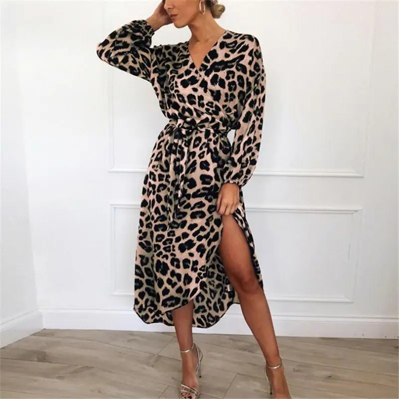 

Women Leopard Dress 2019 Sexy Bandage Party Long Dresses Vintage Long Sleeve Beach Chiffon Dress Sundress Vestidos de fiesta