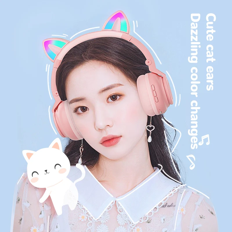 Cute RGB Kitten wireless Headsets Bluetooth 5.0 Bass Noise Cancellation Adult Child Girl Headset Support TF Card Helmet with Mic
