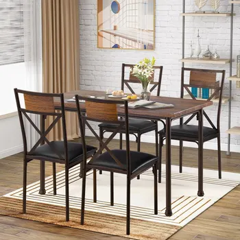 

5 Piece Wooden Dining Table with Matching Padded Chairs, 5-Piece Dining Set for Family, Brown Kitchen Dining Room Furniture Set