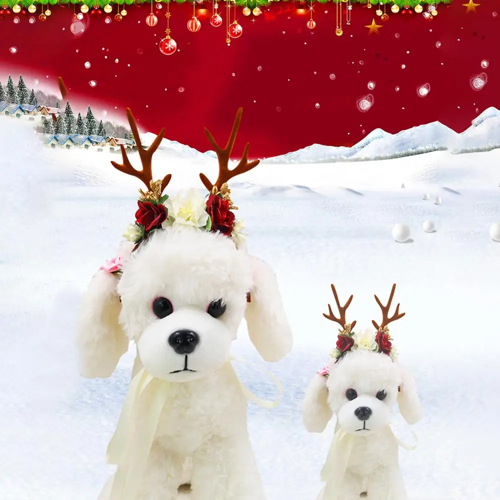

Boutique Christmas Antlers Headwear For Pet Dog Cap Reindeer Antlers With Flowers Pet Hair Accessories For Christmas Cosplay