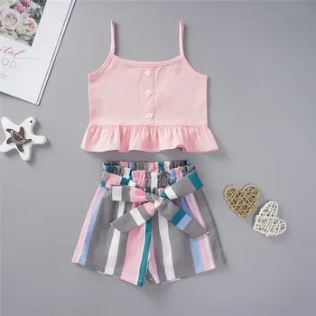 

1-6T Toddler Girls Outfit Kids Baby Clothes Set Children Summer Clothing Strap Sleeveless Top+Stripe Shorts Girls Suit 2pcs
