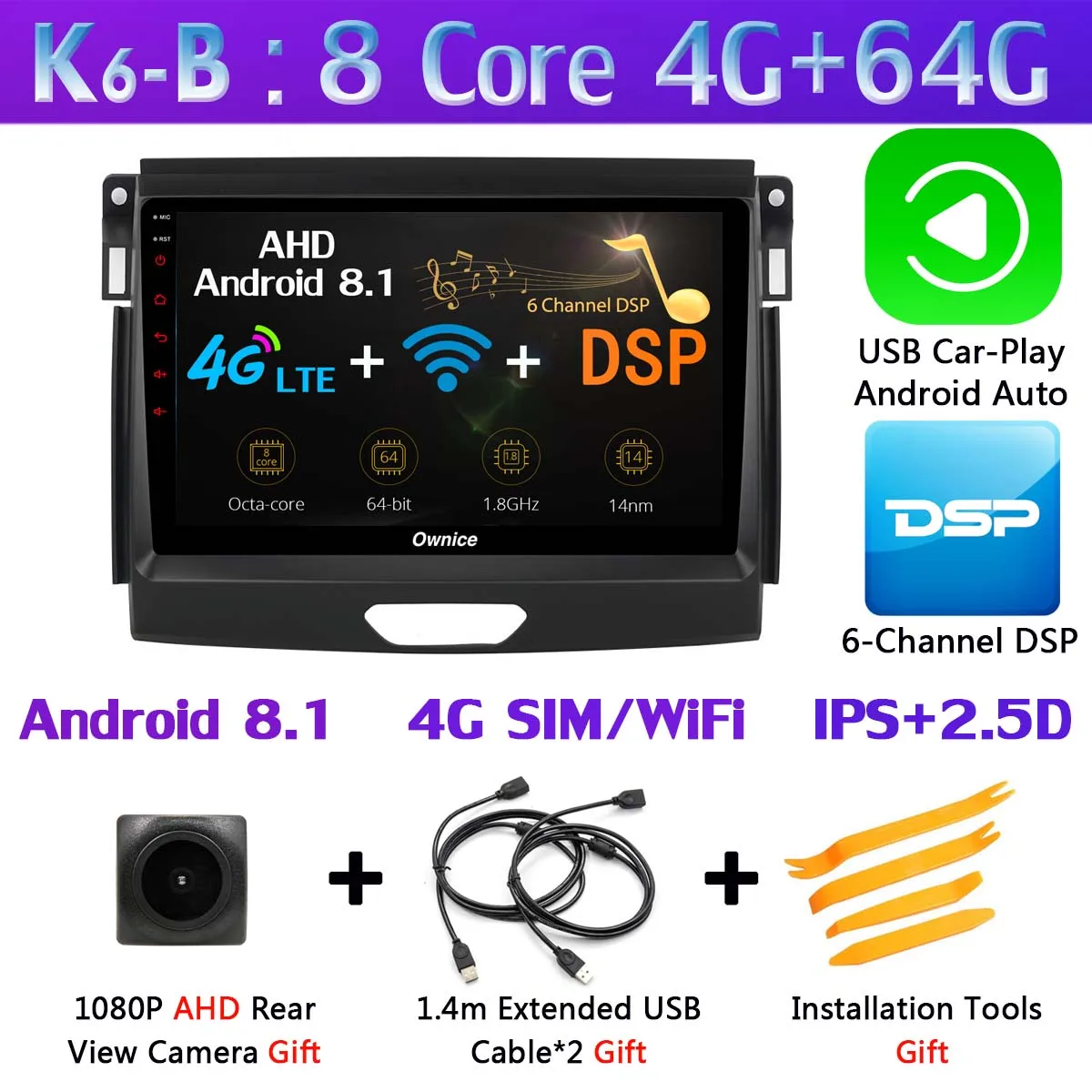 Панорамная камера 360 ° 4G LTE WiFi 8 ядерный Android 9,0 4G+ 64G SPDIF DSP CarPlay Автомобильный плеер для Ford Ranger- gps радио - Цвет: K6-B-CarPlay