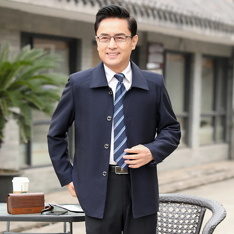 Single-breasted jacket mens autumn new middle-aged men coat dark blue gray mens jackets and coats