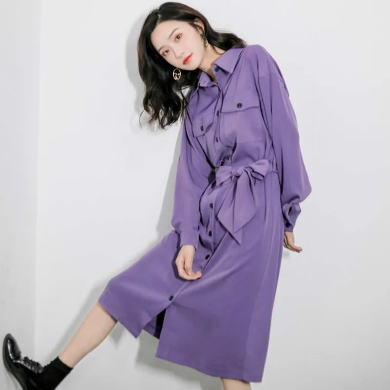 Women Clothes Spring Autumn Purple Solid Single-breasted Lace Up Elegant Casual Loose Lapel A-Line Shirt Long Dresses Vestidos