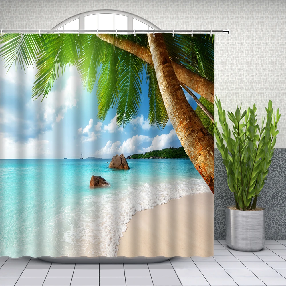 Beach Coconut Tree Sea Wave Shower Curtains Summer Ocean Scenery Bathroom Decor Home Bathtub Polyester Cloth Curtain Set | Дом и сад