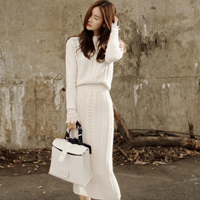 

TVVOVVINSolid Color Round Neck Long Sleeve Sweater High Waist Split Skirt Woman Set Casual Simple Fashion 2019 Autumn New F147