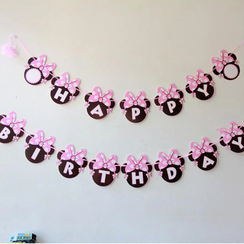 Girls Minnie Mouse Banner Party Bunting 1 Banner Flags Per Bunting Length 2.5m Party Favors kids Mickey Happy Birthday Supplies