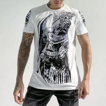 

100% cotton men tshirt skull rhinestones white fashion shortsleeve summer new funny streetwear t shirt maker men clothing casual