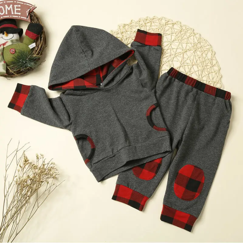 

2PCS Newborn Baby Boy Girl Autumn Clothes Cotton Hooded Long Sleeve Plaid Tops Pants Set Outfits Autumn Clothes