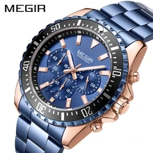 

MEGIR Luxury Brand Men's Watches Stainless Steel Band Business Blue Quartz Watch Men Army Military Chronograph Wrist Watch Man
