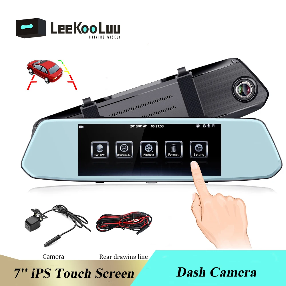 LeeKooLuu Автомобильный видеорегистратор HD 1080P зеркало заднего вида 7 дюймов ips сенсорный видеорегистратор камера двойной объектив Авто регистратор приборная панель камера
