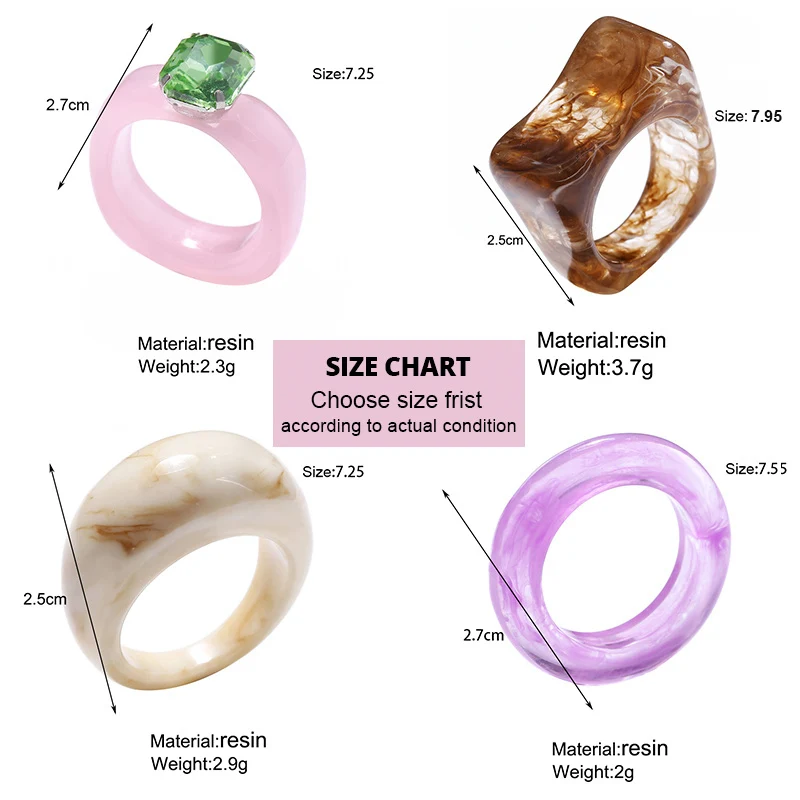 New Colorful Transparent Resin Acrylic Crystal Rhinestone Simple Geometric Square Round Rings Set for Women Fashion Jewelry