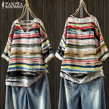 

2020 ZANZEA Women's Striped Blouse Vintage Summer Tops Casual V Neck Blusas Female Short Sleeve Shirt Chemise Oversize Tunic 5XL