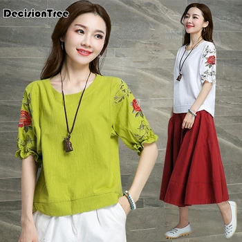 

2020 hanfu chinese traditional clothing blouse women tops cotton and linen shirt embroidery flower blouse lady female