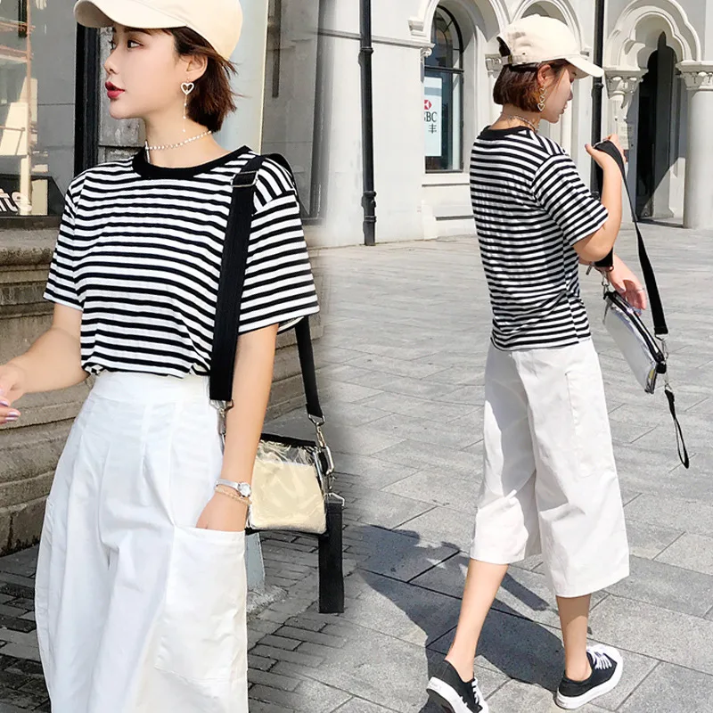 

Loose Pants Set Pants Two-Piece Set Western Style 2019 Summer New Style Women's Elegant Fashion Korean-style T-shirt Capri Pants