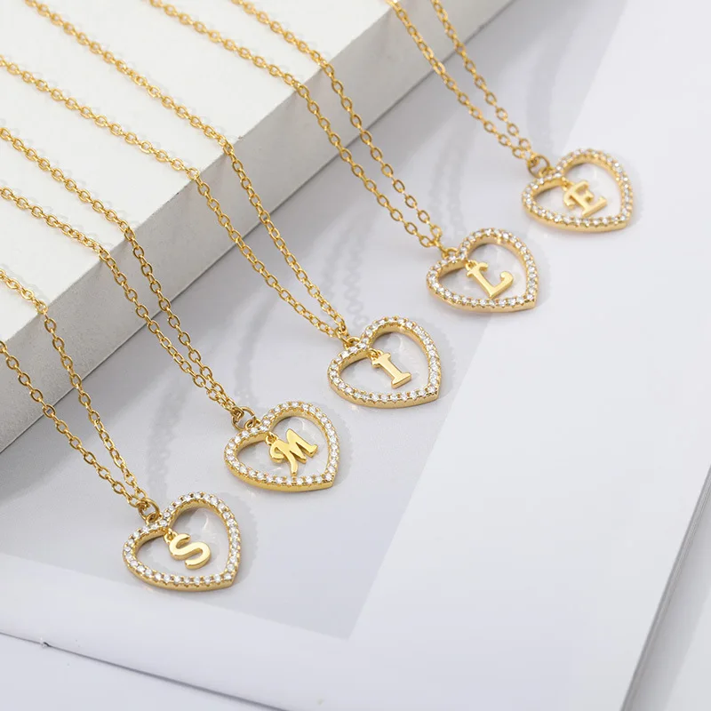1PC Charm Loving Heart Hollow A-Z 26 Initials Pendant Copper Zircon Necklace Women Girls Letter Drop Dangle Jewelry | Украшения и