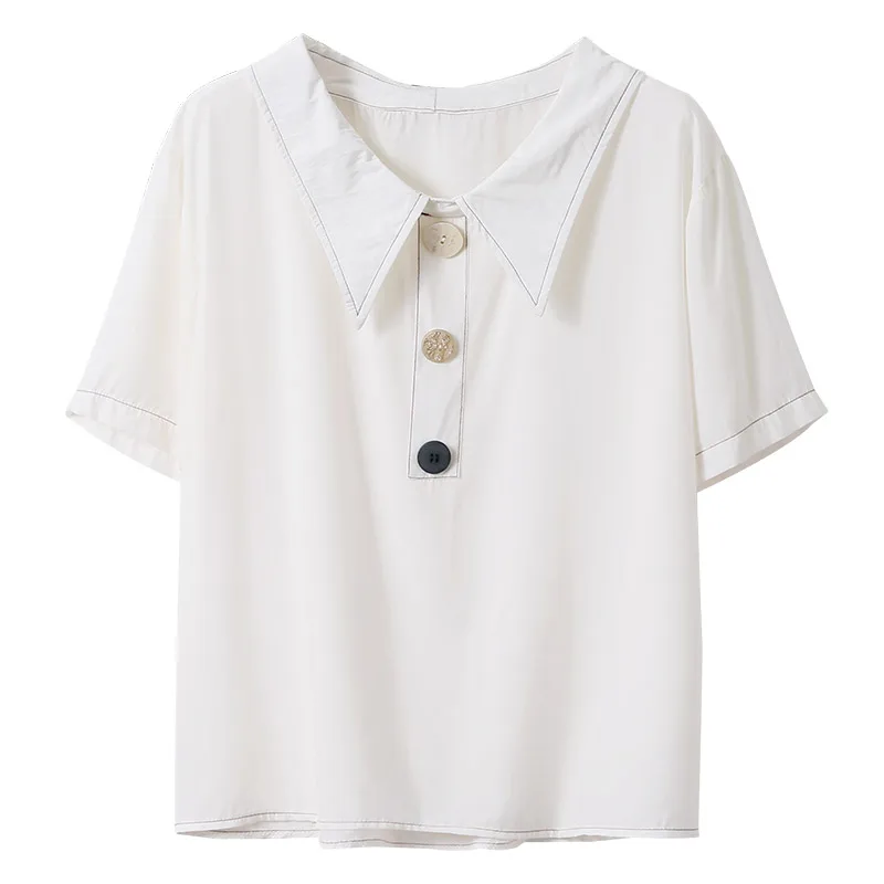 

women summer white short sleeve blouse vintage Various buttons turn-down collar shirt casual tops