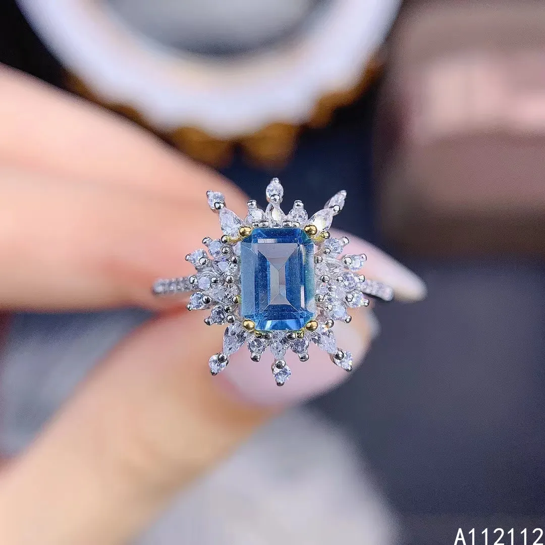

Fine Jewelry 925 Sterling Silver Inlaid With Natural Gemstone Popular Classic Rectangle Blue Topaz Women's OL Style Ring Support